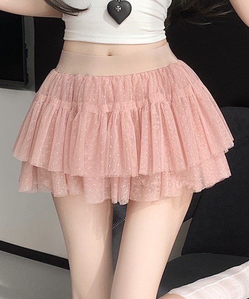 Teem Store(チームストア)の「ドット柄チュールレースティアードミニスカート スカパン(スカート・レディース・ブラック/ピンク/ホワイト・F)」の1枚目の写真
