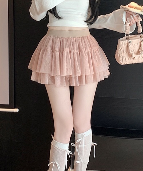 Teem Store(チームストア)の「ドット柄チュールレースティアードミニスカート スカパン(スカート・レディース・ブラック/ピンク/ホワイト・F)」の8枚目の写真