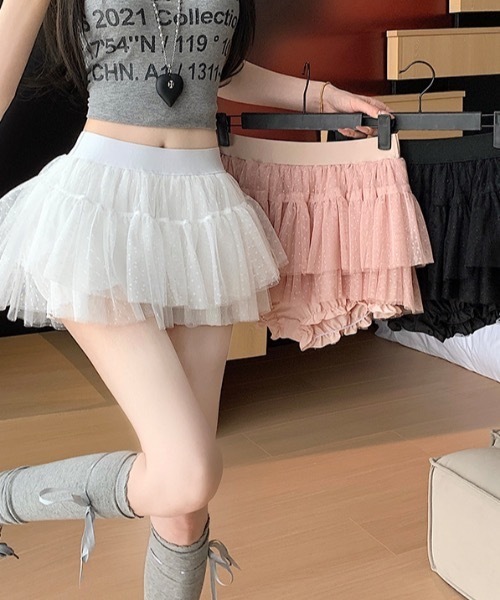 Teem Store(チームストア)の「ドット柄チュールレースティアードミニスカート スカパン(スカート・レディース・ブラック/ピンク/ホワイト・F)」の5枚目の写真