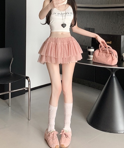 Teem Store(チームストア)の「ドット柄チュールレースティアードミニスカート スカパン(スカート・レディース・ブラック/ピンク/ホワイト・F)」の10枚目の写真