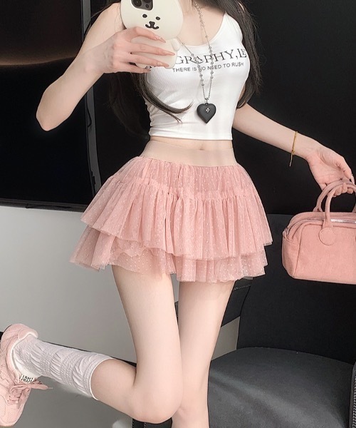 Teem Store(チームストア)の「ドット柄チュールレースティアードミニスカート スカパン(スカート・レディース・ブラック/ピンク/ホワイト・F)」の9枚目の写真