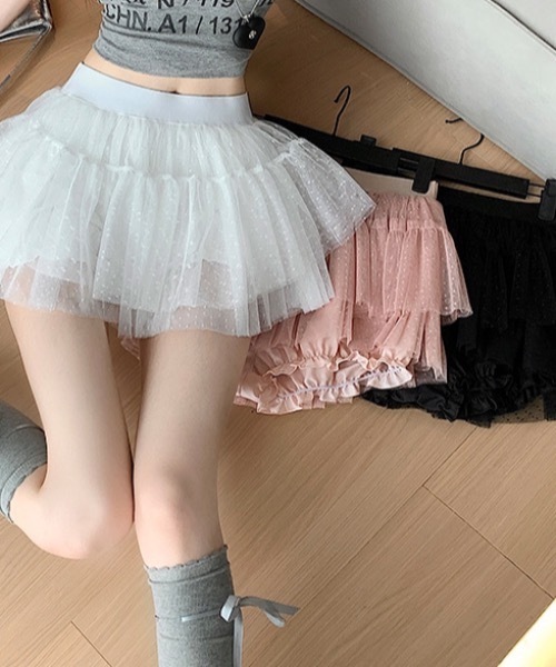 Teem Store(チームストア)の「ドット柄チュールレースティアードミニスカート スカパン(スカート・レディース・ブラック/ピンク/ホワイト・F)」の6枚目の写真