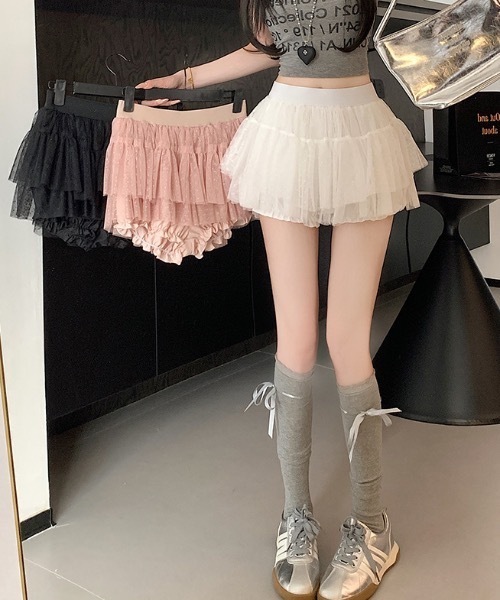 Teem Store(チームストア)の「ドット柄チュールレースティアードミニスカート スカパン(スカート・レディース・ブラック/ピンク/ホワイト・F)」の7枚目の写真