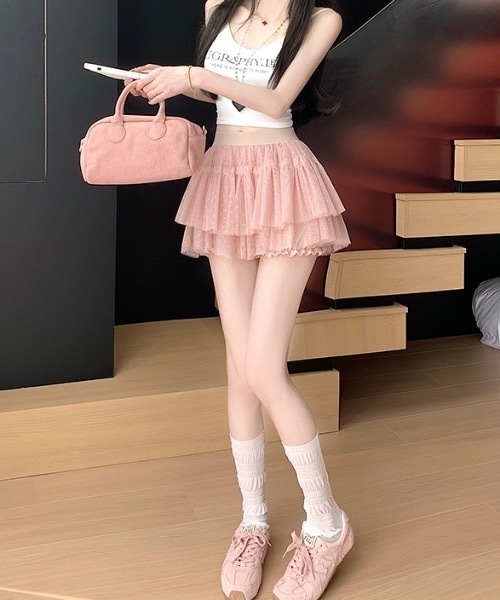 Teem Store(チームストア)の「ドット柄チュールレースティアードミニスカート スカパン(スカート・レディース・ブラック/ピンク/ホワイト・F)」の13枚目の写真