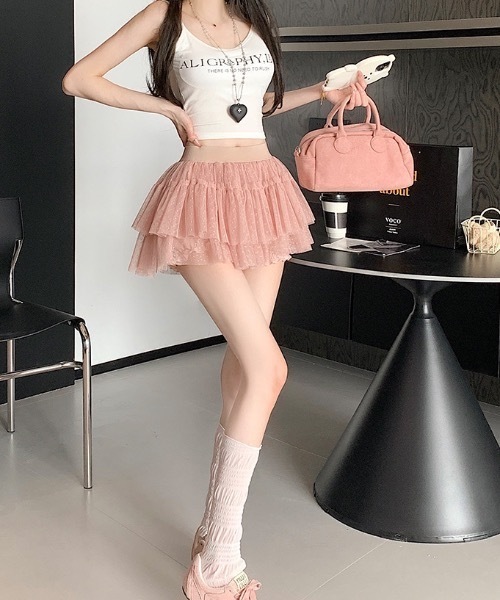 Teem Store(チームストア)の「ドット柄チュールレースティアードミニスカート スカパン(スカート・レディース・ブラック/ピンク/ホワイト・F)」の4枚目の写真