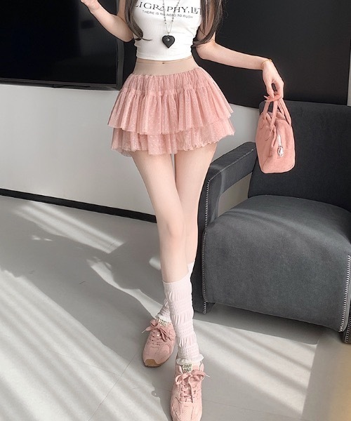 Teem Store(チームストア)の「ドット柄チュールレースティアードミニスカート スカパン(スカート・レディース・ブラック/ピンク/ホワイト・F)」の11枚目の写真