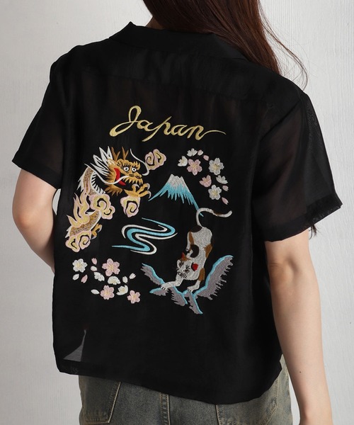HOUSTON(ヒューストン)の「HOUSTON / ヒューストン シアーオーガンジー 和柄刺繍 スーベニア半袖シャツ レディース(シャツ/ブラウス・レディース・ブラック/マルーン/サックスブルー・1/0)」の2枚目の写真