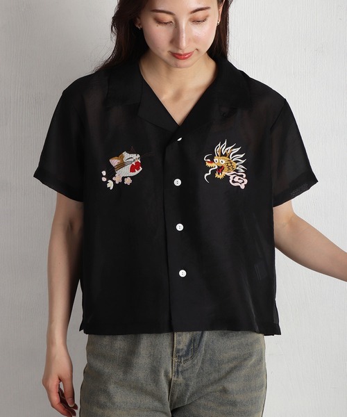 HOUSTON(ヒューストン)の「HOUSTON / ヒューストン シアーオーガンジー 和柄刺繍 スーベニア半袖シャツ レディース(シャツ/ブラウス・レディース・ブラック/マルーン/サックスブルー・1/0)」の15枚目の写真