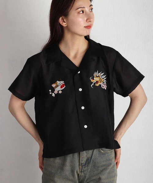 HOUSTON(ヒューストン)の「HOUSTON / ヒューストン シアーオーガンジー 和柄刺繍 スーベニア半袖シャツ レディース(シャツ/ブラウス・レディース・ブラック/マルーン/サックスブルー・1/0)」の16枚目の写真