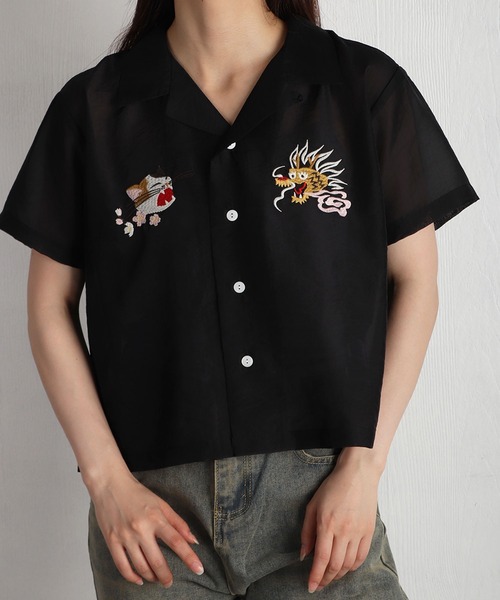 HOUSTON(ヒューストン)の「HOUSTON / ヒューストン シアーオーガンジー 和柄刺繍 スーベニア半袖シャツ レディース(シャツ/ブラウス・レディース・ブラック/マルーン/サックスブルー・1/0)」の17枚目の写真