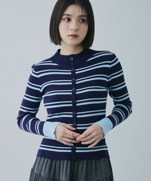 Clum(クルム)の「border rib knit cardigan / ボーダーリブニットカーディガン(カーディガン/ボレロ・レディース・ネイビー/ブラウン・FREE)」の1枚目の写真