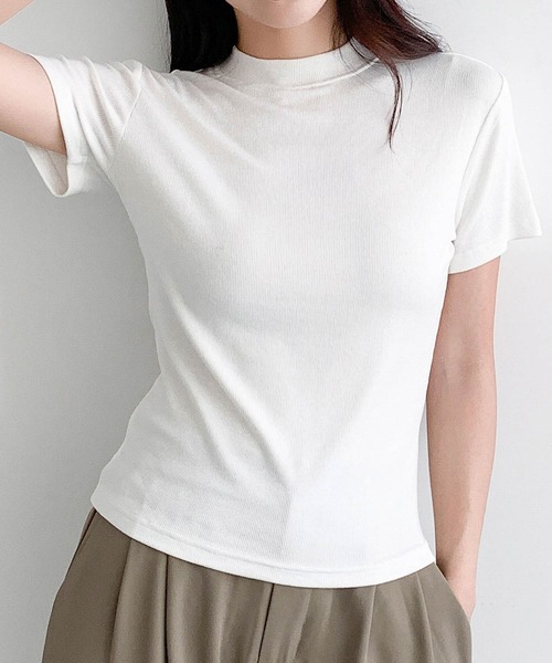 LOWO(ロワ)の「プチハイネックリブストレッチ半袖カットソー(Tシャツ/カットソー・レディース・ホワイト/グレー/ブラック/ダークパープル・FREE)」の9枚目の写真