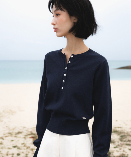 DEHEVE（デヘヴェ）の「Summer Henley Neck Knit [Navy]（ニット/セーター・レディース・ネイビー・OS）」の18枚目の写真