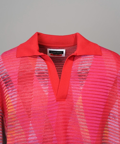 MAISON SPECIAL(メゾンスペシャル)の「《UNISEX》Dry-touch Border Argyle Pattern Prime-Over Skipper Knit T-shirt/ドライタックボーダーアーガイルパターンプライムオーバースキッパーニットTシャツ【MAISON SPECIAL/メゾンスペシャル】(ポロシャツ・メンズ・ブラック/レッド・2/1/0)」の15枚目の写真