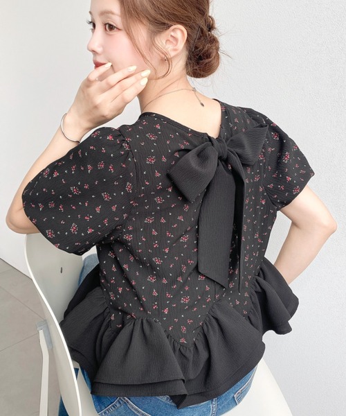 セール】バックリボン配色ダブルフリルブラウス（シャツ/ブラウス