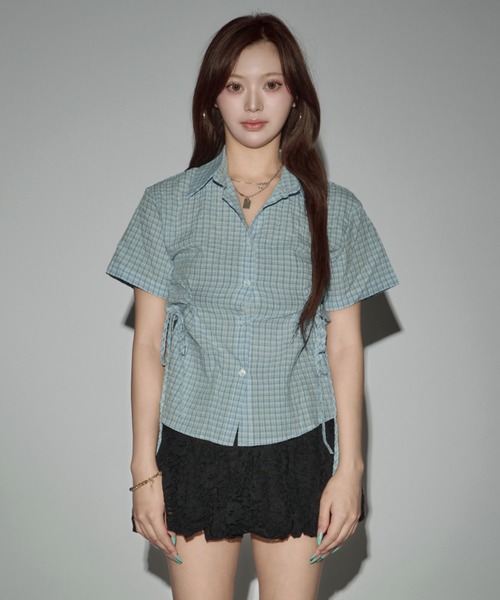 CeLess(セレス)の「Gathered Ribbon Cropped Shirt / ギャザーリボン付きクロップドシャツ(シャツ/ブラウス・レディース・ブルー/ライトブルー・FREE)」の12枚目の写真