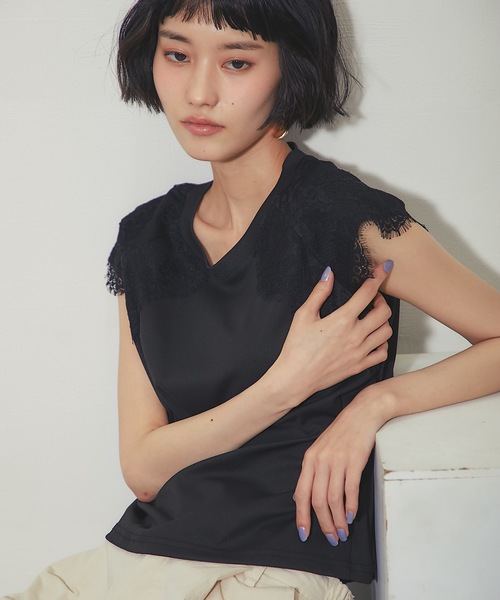 ANOTHER S（アナザーエス）の「レースドッキングT（Tシャツ/カットソー・レディース・ブラック/ホワイト・FREE）」の9枚目の写真