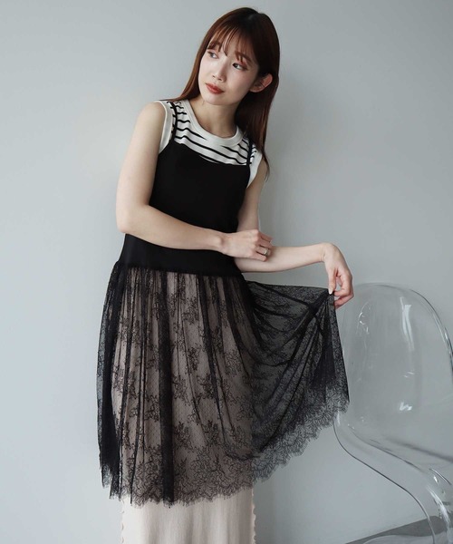 earth music&ecology(アースミュージックアンドエコロジー)の「チュールヘムキャミソール(キャミソール・レディース・ダークグレー/ブラック/オフホワイト・FREE)」の1枚目の写真