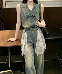 デニムノースリーブトップスワイドパンツセットアップ