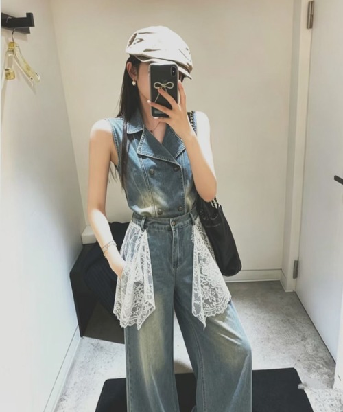 FAVORITO(ファヴォリート)の「デニムノースリーブトップスワイドパンツセットアップ(セットアップ・レディース・ブルー・L/M/S)」の3枚目の写真