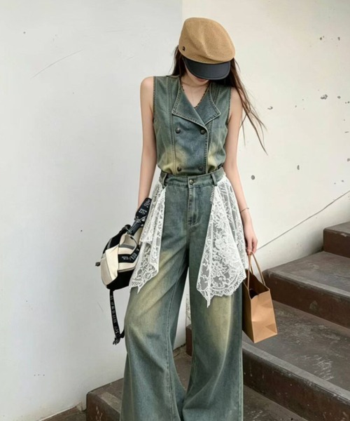 FAVORITO(ファヴォリート)の「デニムノースリーブトップスワイドパンツセットアップ(セットアップ・レディース・ブルー・L/M/S)」の4枚目の写真