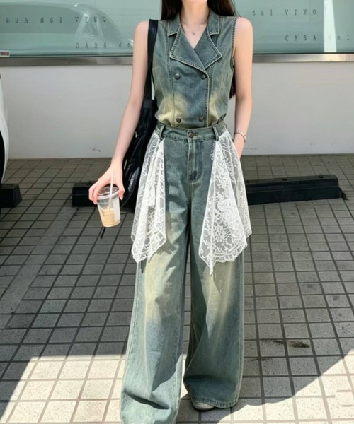 FAVORITO(ファヴォリート)の「デニムノースリーブトップスワイドパンツセットアップ(セットアップ・レディース・ブルー・L/M/S)」の2枚目の写真