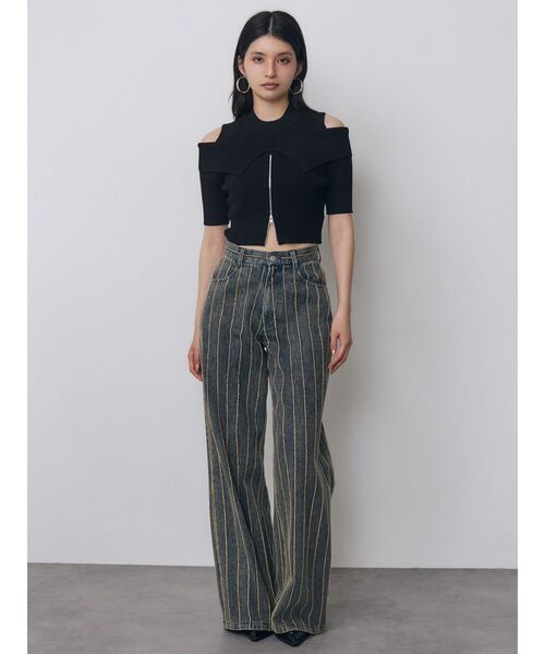 MURUA(ムルーア)の「ストライプフリンジハイウエストデニムパンツ 秋服(デニムパンツ・レディース・ブルー/ブラック・1/2)」の4枚目の写真