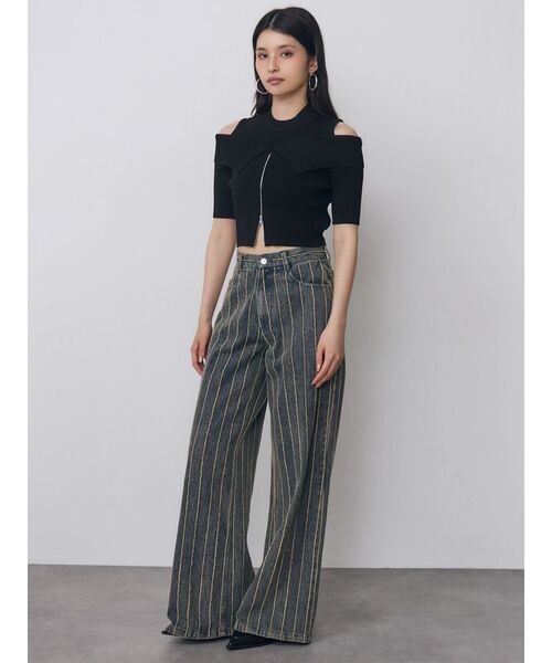 MURUA(ムルーア)の「ストライプフリンジハイウエストデニムパンツ 秋服(デニムパンツ・レディース・ブルー/ブラック・1/2)」の5枚目の写真
