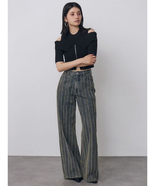 MURUA(ムルーア)の「ストライプフリンジハイウエストデニムパンツ 秋服(デニムパンツ・レディース・ブルー/ブラック・1/2)」の8枚目の写真