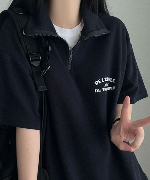 VIVID LADY（ビビッドレディー）の「ハーフジップ プルオーバー 半袖トップス（Tシャツ/カットソー・レディース・ブラック/ネイビー/ライトベージュ・FREE）」の7枚目の写真