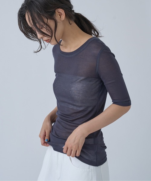 OFROOM(オフルーム)の「Sheer Short Sleeve Tee/シアーショートスリーブTEE(Tシャツ/カットソー・レディース・ネイビー/ブルー/ホワイト/ブラック/ピンク/グレー・FREE)」の5枚目の写真