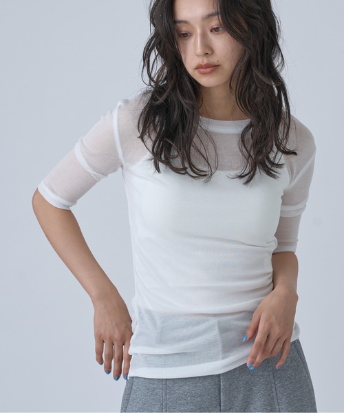 OFROOM(オフルーム)の「Sheer Short Sleeve Tee/シアーショートスリーブTEE(Tシャツ/カットソー・レディース・ネイビー/ブルー/ホワイト/ブラック/ピンク/グレー・FREE)」の2枚目の写真