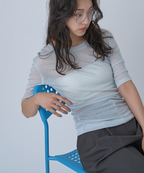 OFROOM(オフルーム)の「Sheer Short Sleeve Tee/シアーショートスリーブTEE(Tシャツ/カットソー・レディース・ネイビー/ブルー/ホワイト/ブラック/ピンク/グレー・FREE)」の6枚目の写真