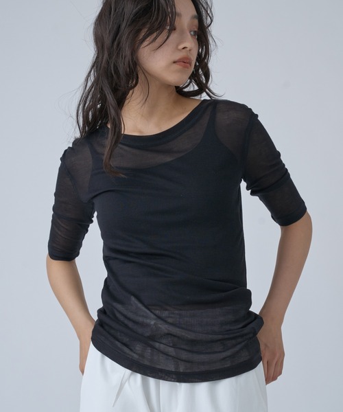 OFROOM(オフルーム)の「Sheer Short Sleeve Tee/シアーショートスリーブTEE(Tシャツ/カットソー・レディース・ネイビー/ブルー/ホワイト/ブラック/ピンク/グレー・FREE)」の3枚目の写真