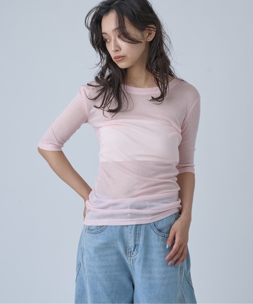 OFROOM(オフルーム)の「Sheer Short Sleeve Tee/シアーショートスリーブTEE(Tシャツ/カットソー・レディース・ネイビー/ブルー/ホワイト/ブラック/ピンク/グレー・FREE)」の7枚目の写真