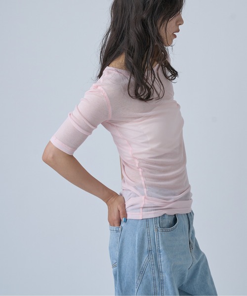 OFROOM(オフルーム)の「Sheer Short Sleeve Tee/シアーショートスリーブTEE(Tシャツ/カットソー・レディース・ネイビー/ブルー/ホワイト/ブラック/ピンク/グレー・FREE)」の8枚目の写真