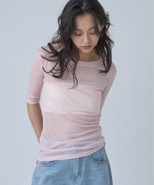 OFROOM(オフルーム)の「Sheer Short Sleeve Tee/シアーショートスリーブTEE(Tシャツ/カットソー・レディース・ネイビー/ブルー/ホワイト/ブラック/ピンク/グレー・FREE)」の9枚目の写真