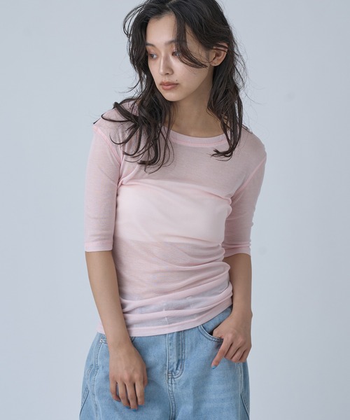 OFROOM(オフルーム)の「Sheer Short Sleeve Tee/シアーショートスリーブTEE(Tシャツ/カットソー・レディース・ネイビー/ブルー/ホワイト/ブラック/ピンク/グレー・FREE)」の10枚目の写真