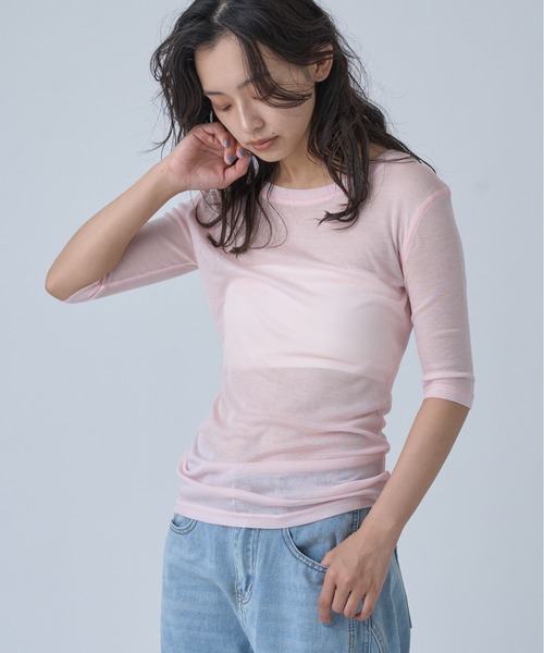OFROOM(オフルーム)の「Sheer Short Sleeve Tee/シアーショートスリーブTEE(Tシャツ/カットソー・レディース・ネイビー/ブルー/ホワイト/ブラック/ピンク/グレー・FREE)」の11枚目の写真