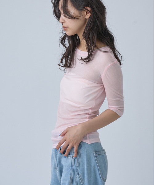 OFROOM(オフルーム)の「Sheer Short Sleeve Tee/シアーショートスリーブTEE(Tシャツ/カットソー・レディース・ネイビー/ブルー/ホワイト/ブラック/ピンク/グレー・FREE)」の13枚目の写真