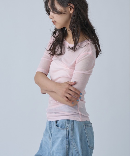 OFROOM(オフルーム)の「Sheer Short Sleeve Tee/シアーショートスリーブTEE(Tシャツ/カットソー・レディース・ネイビー/ブルー/ホワイト/ブラック/ピンク/グレー・FREE)」の16枚目の写真