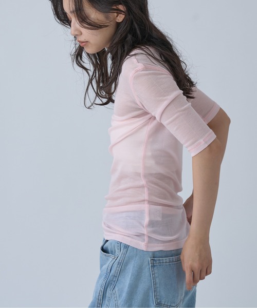 OFROOM(オフルーム)の「Sheer Short Sleeve Tee/シアーショートスリーブTEE(Tシャツ/カットソー・レディース・ネイビー/ブルー/ホワイト/ブラック/ピンク/グレー・FREE)」の17枚目の写真