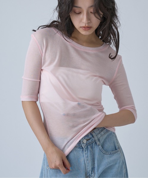 OFROOM(オフルーム)の「Sheer Short Sleeve Tee/シアーショートスリーブTEE(Tシャツ/カットソー・レディース・ネイビー/ブルー/ホワイト/ブラック/ピンク/グレー・FREE)」の20枚目の写真