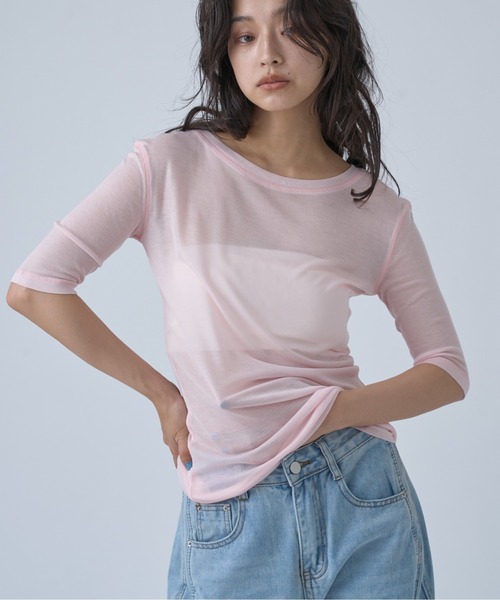 OFROOM(オフルーム)の「Sheer Short Sleeve Tee/シアーショートスリーブTEE(Tシャツ/カットソー・レディース・ネイビー/ブルー/ホワイト/ブラック/ピンク/グレー・FREE)」の21枚目の写真