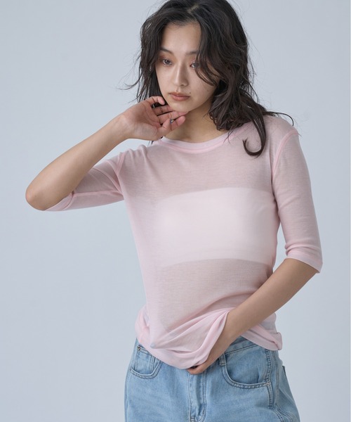 OFROOM(オフルーム)の「Sheer Short Sleeve Tee/シアーショートスリーブTEE(Tシャツ/カットソー・レディース・ネイビー/ブルー/ホワイト/ブラック/ピンク/グレー・FREE)」の22枚目の写真
