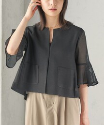 セール】〈手洗い可能〉カラミ ノーラペル 半袖 ジャケット（ノー