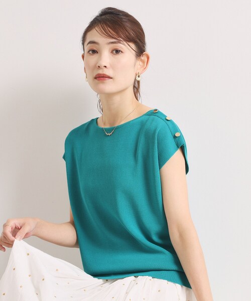 ITS'DEMO(イッツデモ)の「【冷感・WEB限定カラー】ボタン付きフレンチスリーブニット(ニット/セーター・レディース・ブルーグリーン/ブルー/ピンク系/ピンク系その他/ブラック/オフホワイト/ブラウン系その他・00)」の5枚目の写真