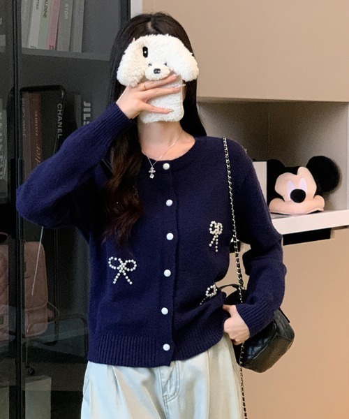 リボン刺繍パールボタンニットカーディガン（カーディガン/ボレロ