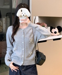 リボン刺繍パールボタンニットカーディガン