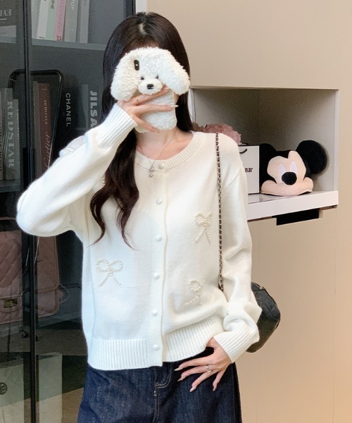 リボン刺繍パールボタンニットカーディガン（カーディガン/ボレロ